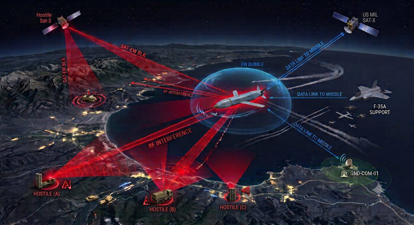 RF electronic-warfare battlespace with satellites, missiles, and ground stations