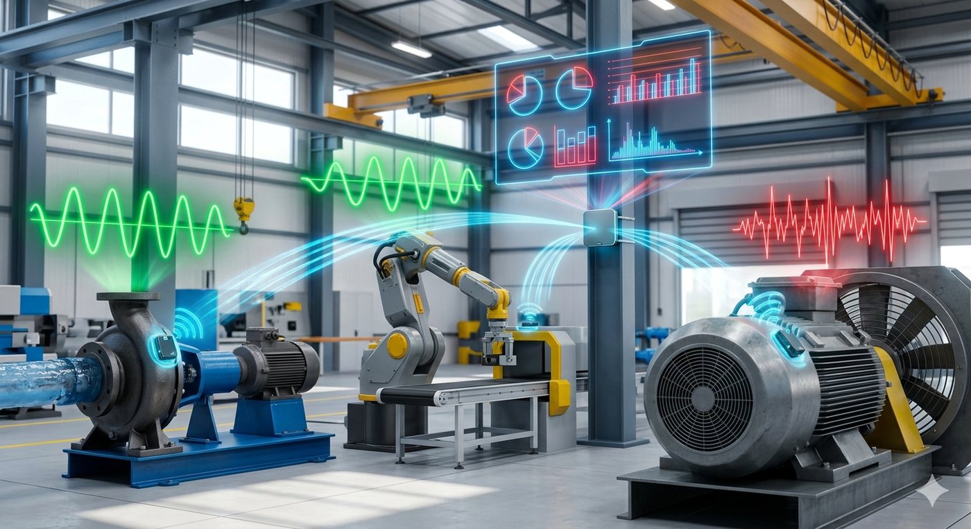 Factory machines monitored by Aspinity devices with signal waveforms
